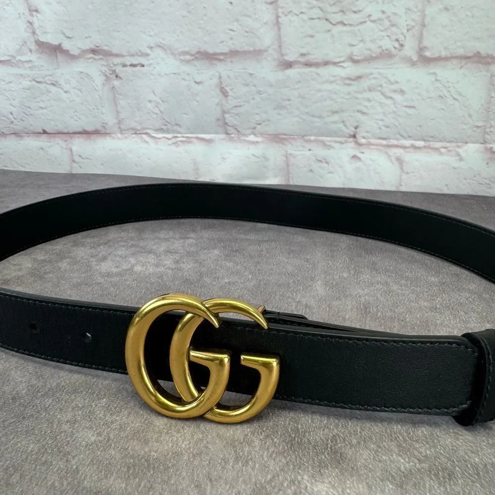 Gucci Slim Leather Marmont Gg Double Belt Black 80/32” 414516 - Picture 2 of 10